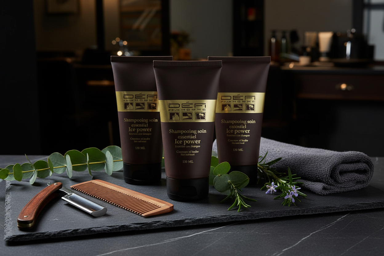 DÉFI POUR HOMME –TRIO Shampoing Soin Essentiel Ice Power – Cheveux & Barbe – 150 ml