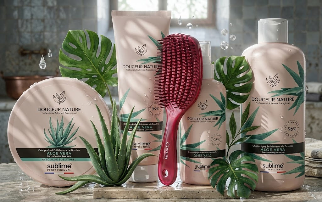 SUBLIMO - Gamme boucles- Aloé Vera – Routine complète hydratation & définition & Brosse Curly Bordeaux.