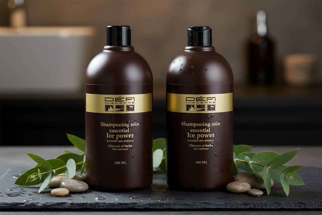 DÉFI POUR HOMME – DUO Shampoing Soin Essentiel Ice Power – Cheveux & Barbe – 500 ml