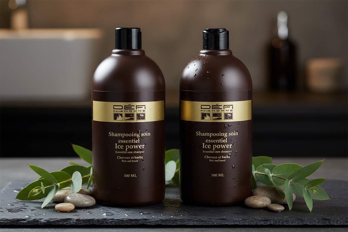 DÉFI POUR HOMME – DUO Shampoing Soin Essentiel Ice Power – Cheveux & Barbe – 2 x 500 ml