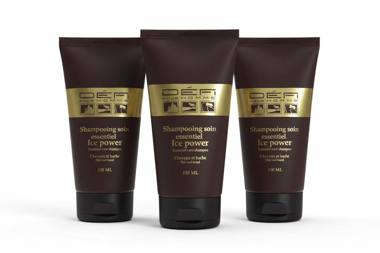DÉFI POUR HOMME –TRIO Shampoing Soin Essentiel Ice Power – Cheveux & Barbe – 150 ml